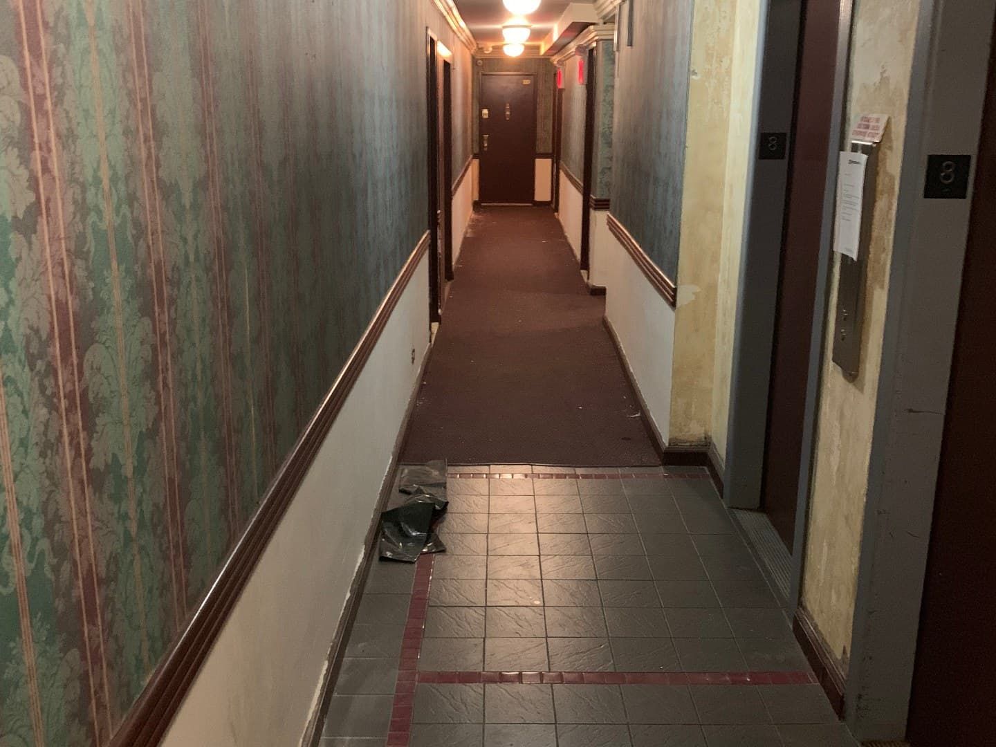 Dated apartment corridor with dark wallpaper and old tile before renovation