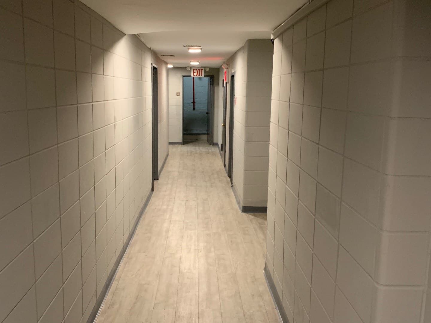 Updated hallway with new floors, paint, and lighting