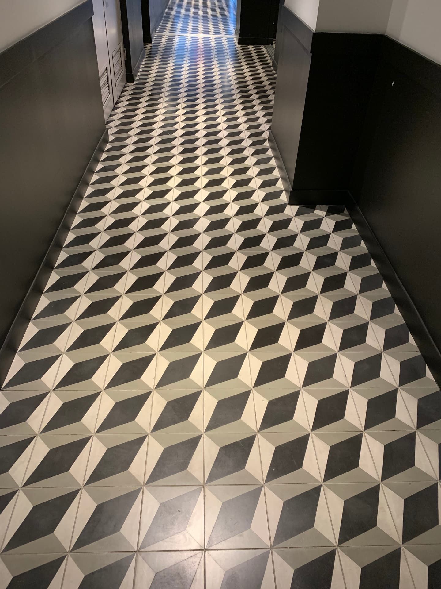 Geometric black, white, and gray cement tile hallway floor
