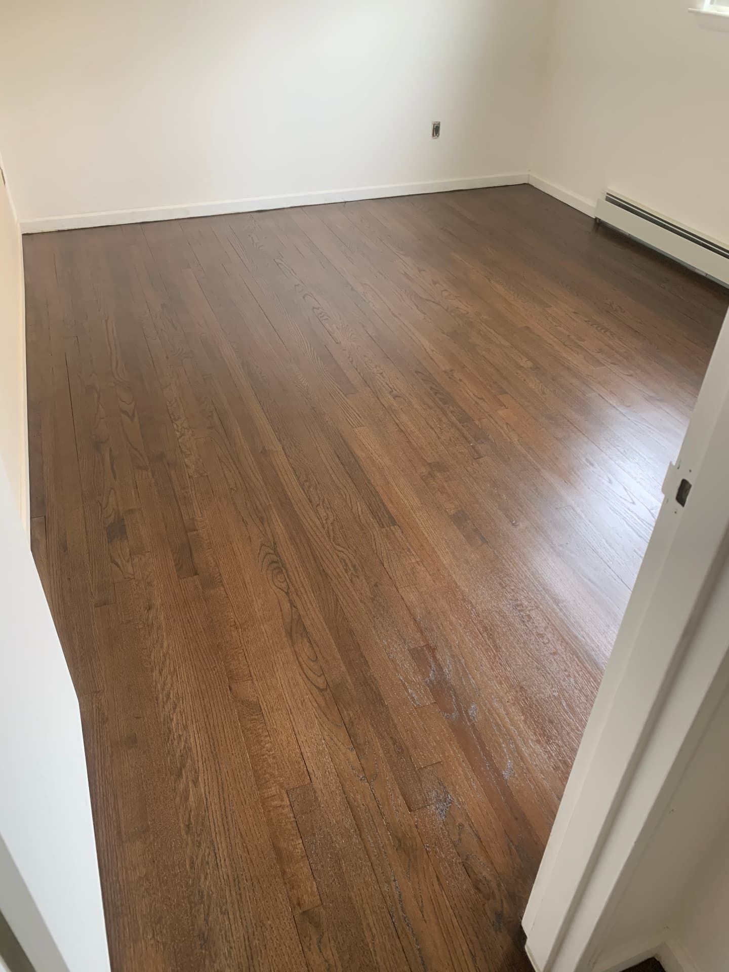 Refinished red oak hardwood floor with rich medium stain
