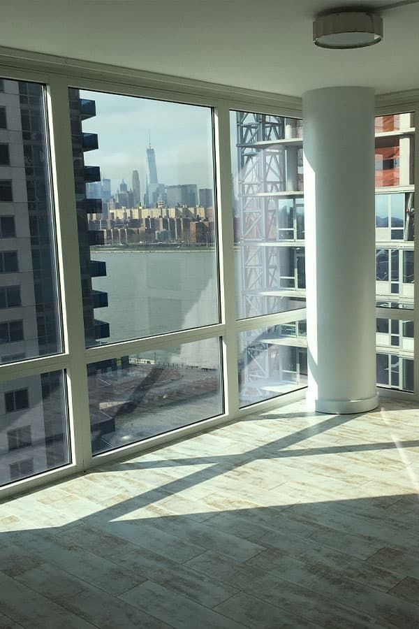 Porcelain plank tile with Manhattan skyline view