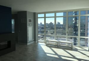 Modern great room with large-format tile