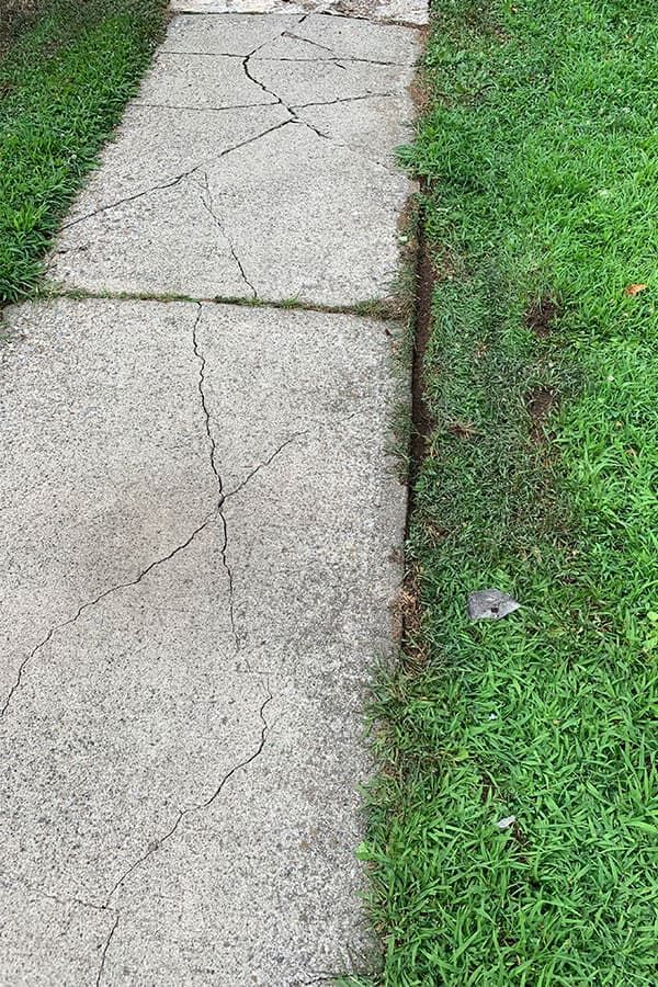 Cracked existing sidewalk slab showing conditions before replacement