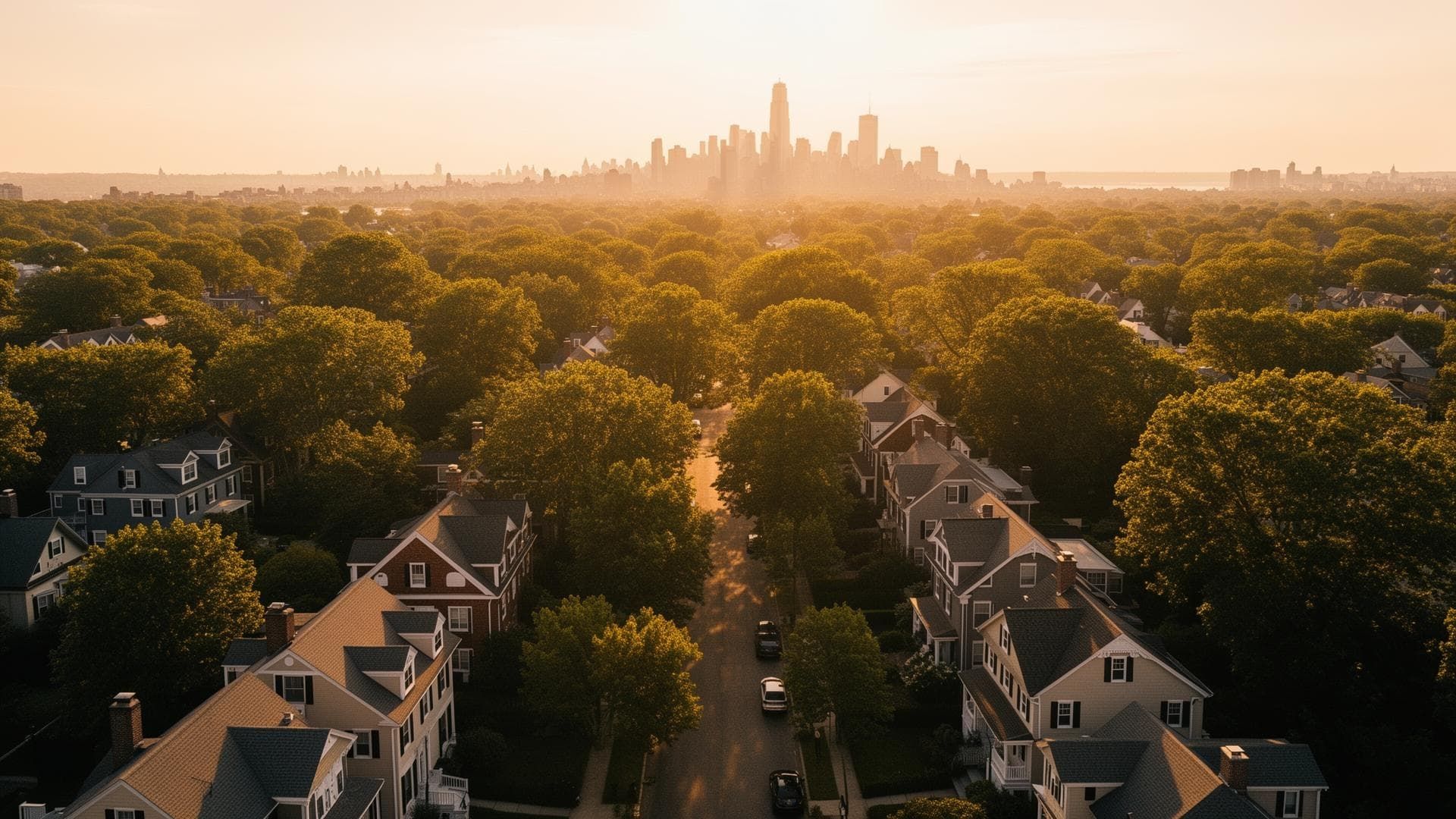 Aerial view of a leafy New Jersey neighborhood with the Manhattan skyline in the distance